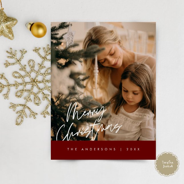 Postal Fotos de la familia navideña Feliz, azul marino (Modern Season Greeting, Merry Christmas Family Photo Postcard in burgundy red)