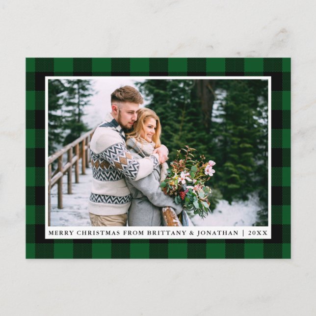 Postal Fotos de la pareja Merry Christmas Green Plaid (Anverso)