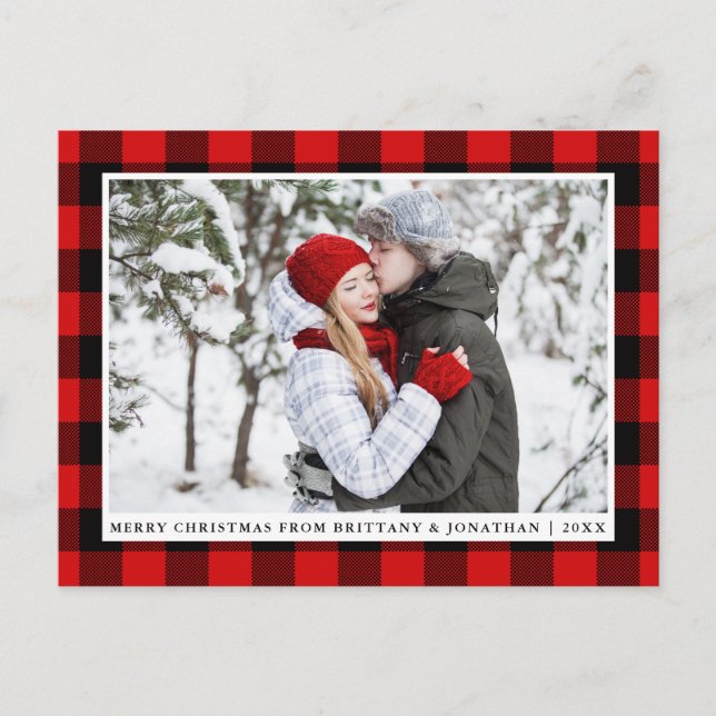 Postal Fotos de la pareja Merry Christmas Red Plaid (Anverso)