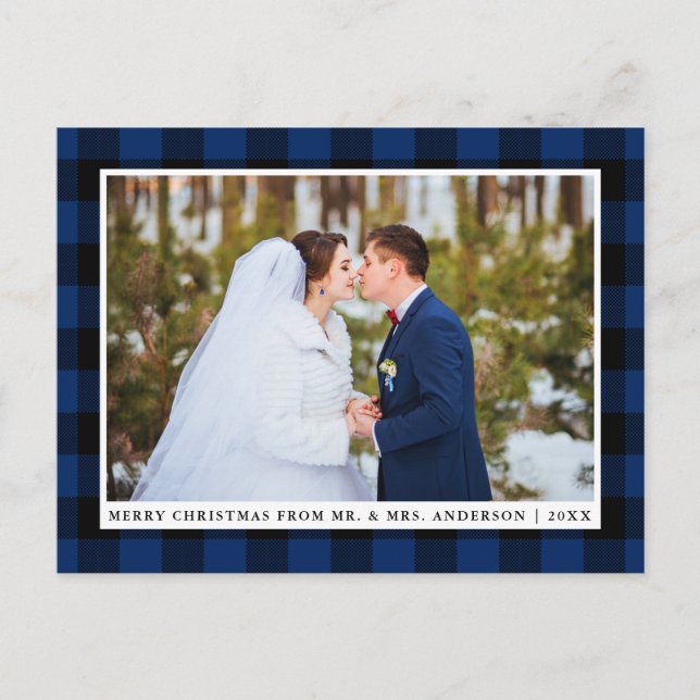 Postal Fotos del Boda de Merry Christmas Blue Plaid (Anverso)