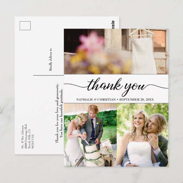 Postal Fotos del Boda de Moda clásica Gracias guión (Anverso / Reverso)