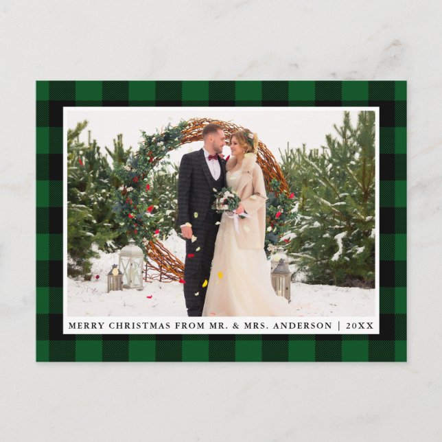 Postal Fotos del Boda Merry Christmas Green Plaid (Anverso)