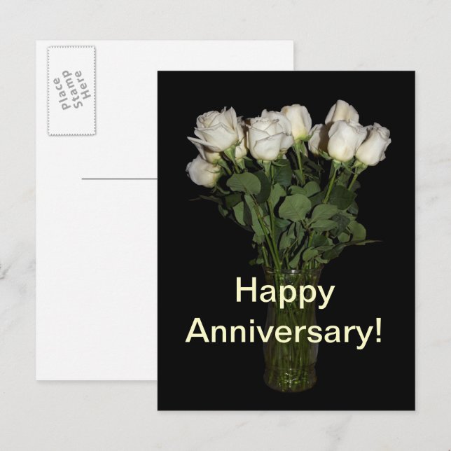Postal Fotos florales de Rosas Blancas Feliz Aniversario (Anverso / Reverso)