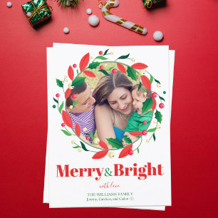 Postal Fotos merry y brillantes Holly Wreath Cute Navidad