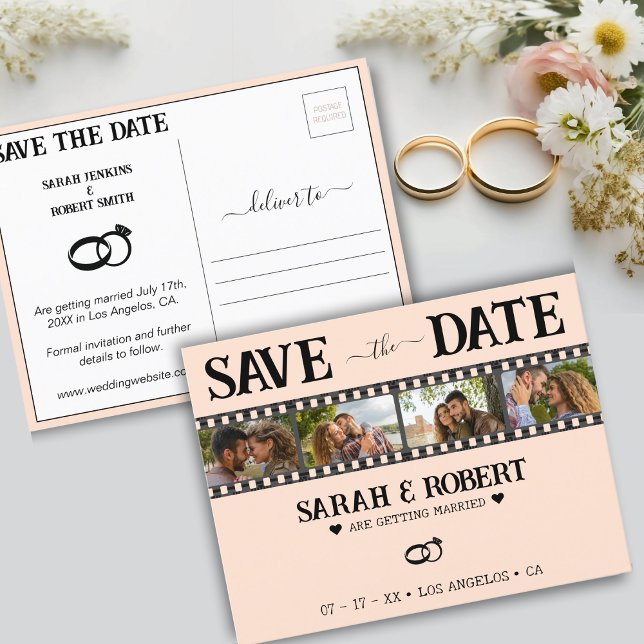 Postal Fotos retro Cine Fotos Boda Salvar la fecha (Retro Photo Film Strip Wedding Save the Date Postcard)