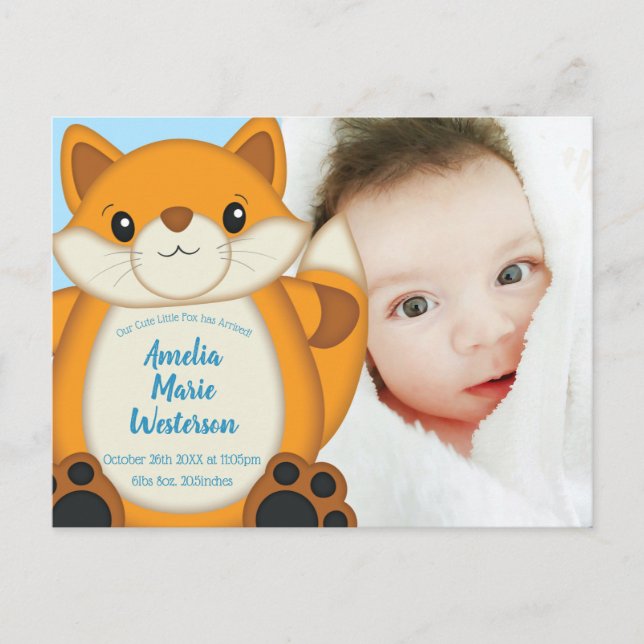 Postal Fox Baby Shower Blue Woodland (Anverso)