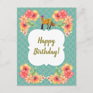 Postal Fox Birday Card Floral Blue Pattern