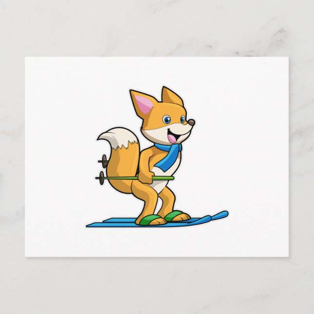 Postal Fox como esquiador con bastones de esquí y esquí (Anverso)