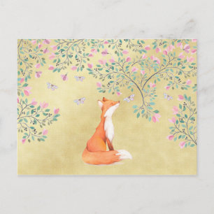 Postal Fox con mariposas y flores rosadas