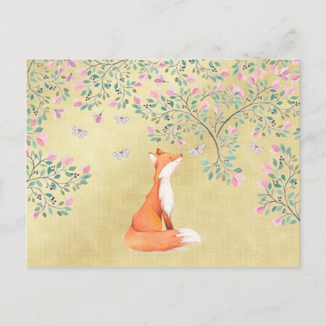Postal Fox con mariposas y flores rosadas (Anverso)