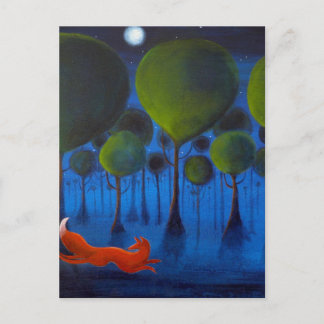 Postal Fox Corriendo En Woodland De Noche.