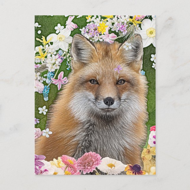 Postal Fox de cuento de hadas en campo de flores (Anverso)