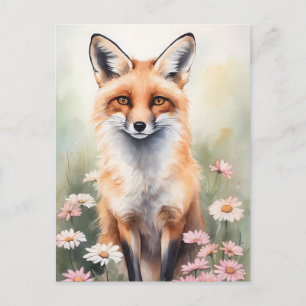 Postal Fox de pintura de color de agua con flores de marg