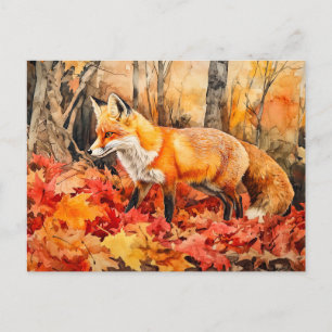 Postal Fox en la pintura de acuarela del bosque de otoño
