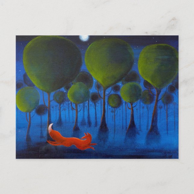 Postal Fox que corre en arbolado en la noche (Anverso)