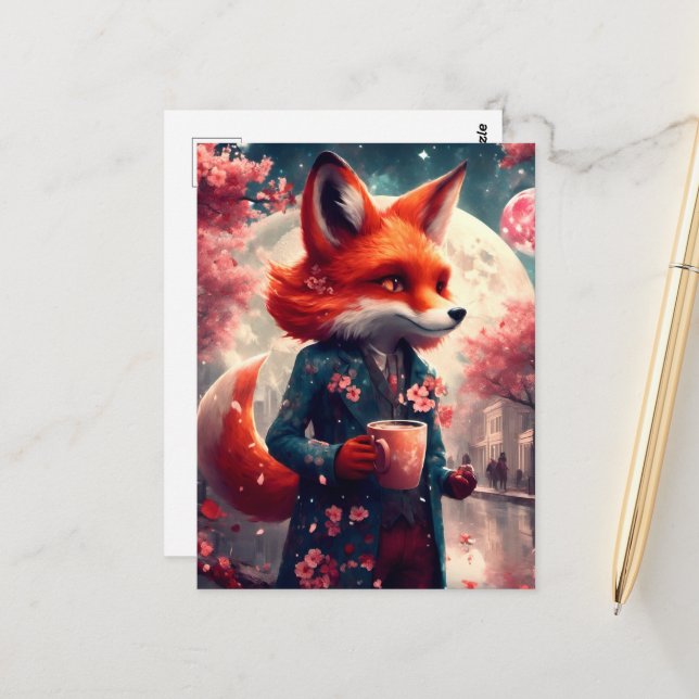 Postal Fox roja caminando con flores de cerezo de café (Anverso/Reverso In Situ)