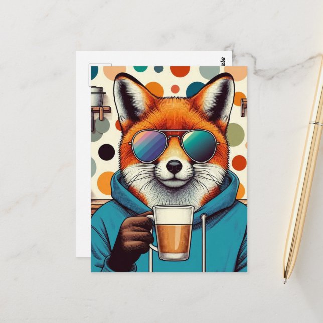 Postal Fox roja con gafas de sol con café (Anverso/Reverso In Situ)