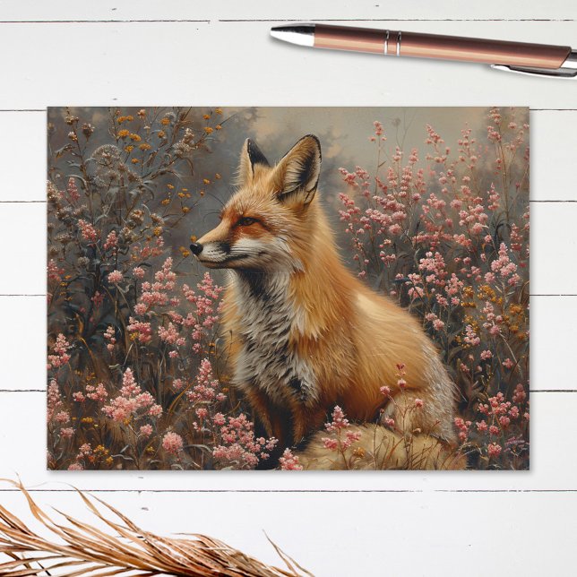 Postal Fox roja con pintura de flores silvestres rosadas (Subido por el creador)