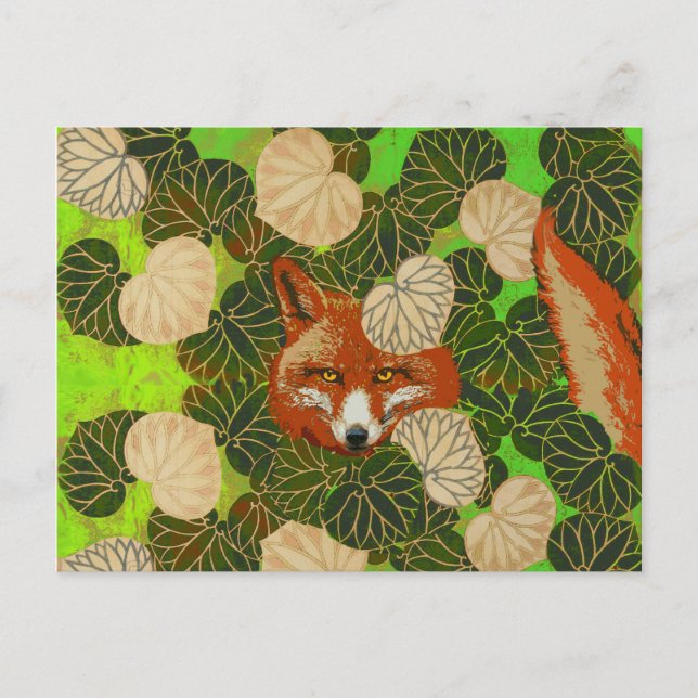 POSTAL FOX ROJA ENTRE LAS HOJAS VERDES Y LA FUGA (Anverso)