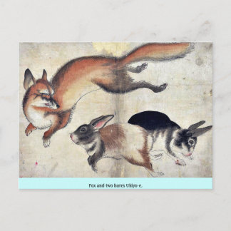 Postal Fox y dos hares Ukiyoe.