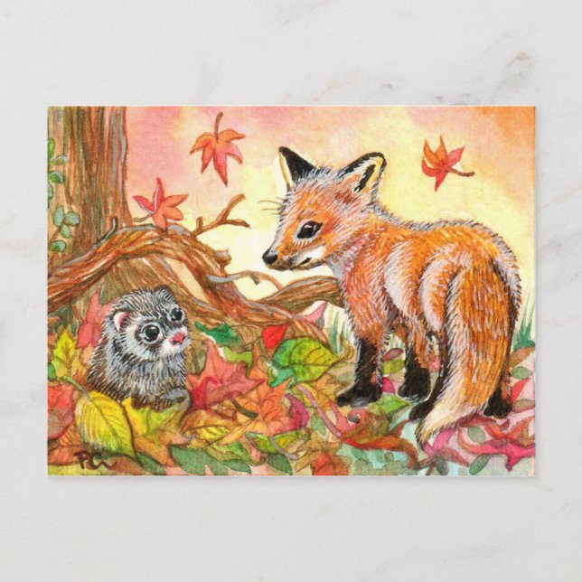 Postal Fox y Ferret en hojas de otoño (Anverso)