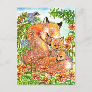 Postal Foxes Cudddling In Flower Patch