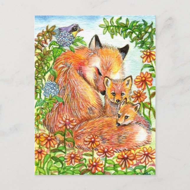 Postal Foxes Cudddling In Flower Patch (Anverso)
