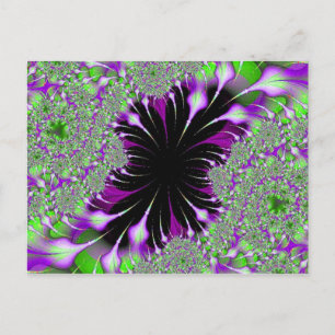 postal fractal púrpura y plumas verdes