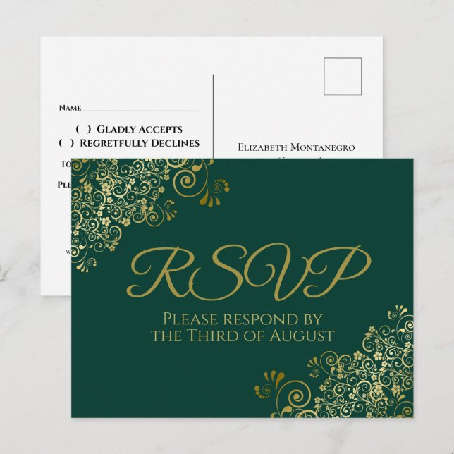 Postal Fragmentos de oro de la moda sobre la boda verde e (Anverso / Reverso)