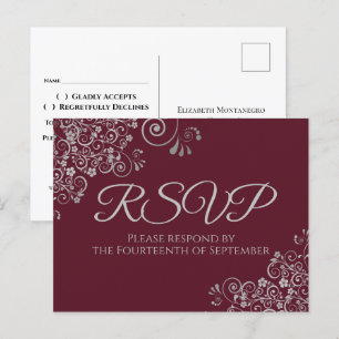 Postal Fragmentos plateados elegante Boda Borgoña RSVP