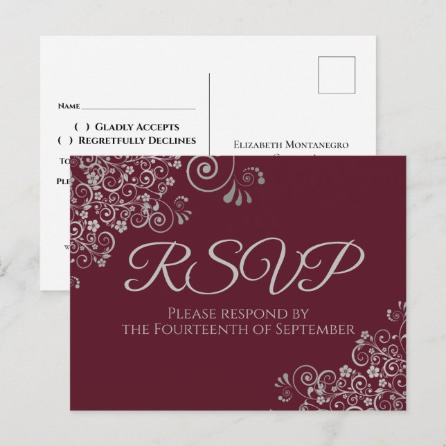 Postal Fragmentos plateados elegante Boda Borgoña RSVP (Anverso / Reverso)