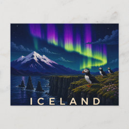 Postal Frailecillos en Acantilado Bajo la Aurora | Island