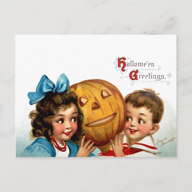 Postal Frances Brundage: Niño y Chica con Jack O'Lantern (Anverso)