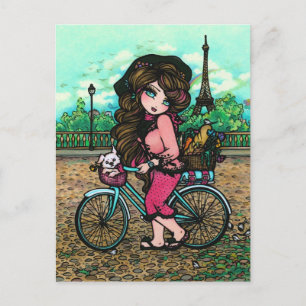 Postal francesa de arte en bicicleta Chica y papa 