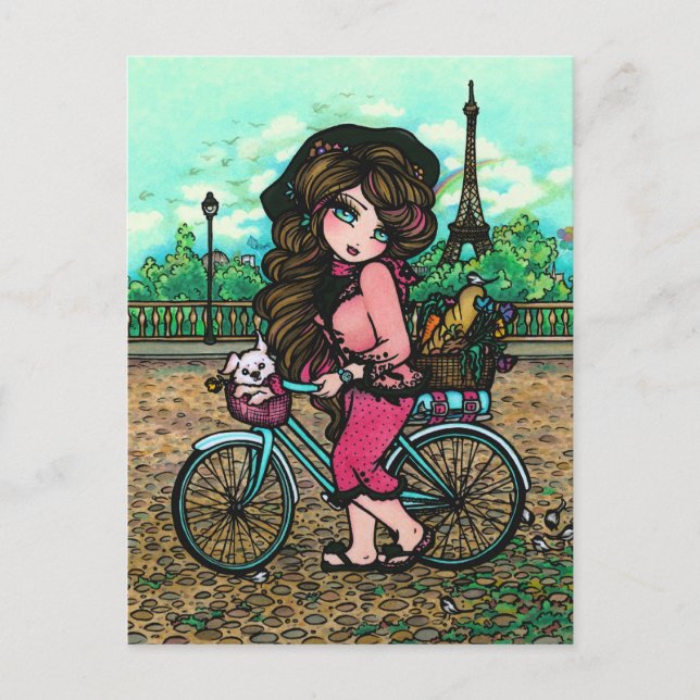 Postal francesa de arte en bicicleta Chica y papa  (Anverso)