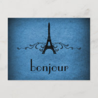 Postal francesa floreciente vintage, azul