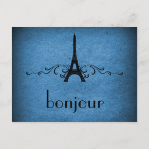 Postal francesa floreciente vintage, azul