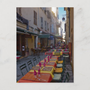 Postal Francia, Córcega. Mesas de café instaladas en estr