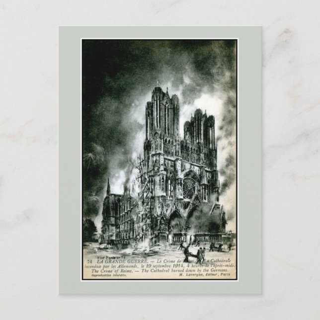 Postal Francia: Dibujo de la Catedral de Reims en llamas (Anverso)