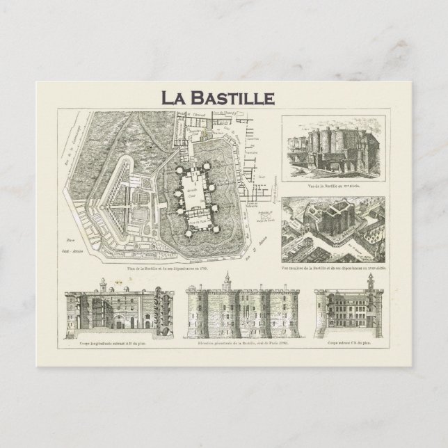 Postal Francia, Plan e imágenes de la Bastilla (Anverso)