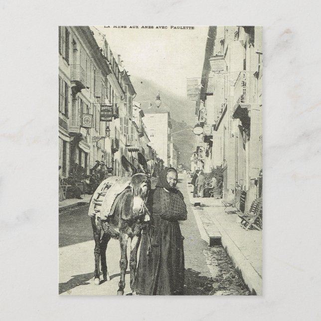 Postal Francia vintage, Bareges, mujer con burro (Anverso)