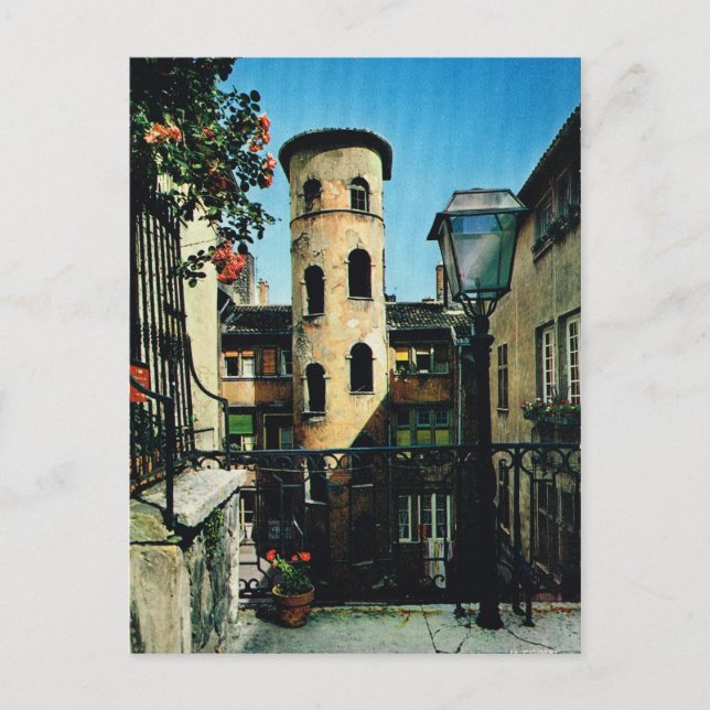 Postal Francia vintage, Lyon Viejo, distrito de tejedores (Anverso)