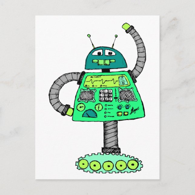 Postal Frankie robot, verde sobre blanco (Anverso)