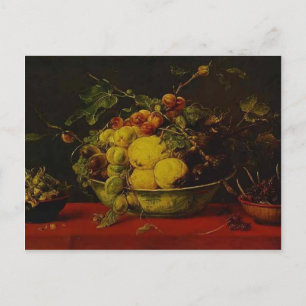 Postal Frans Snyders-Fruits en un bol con manteles rojos