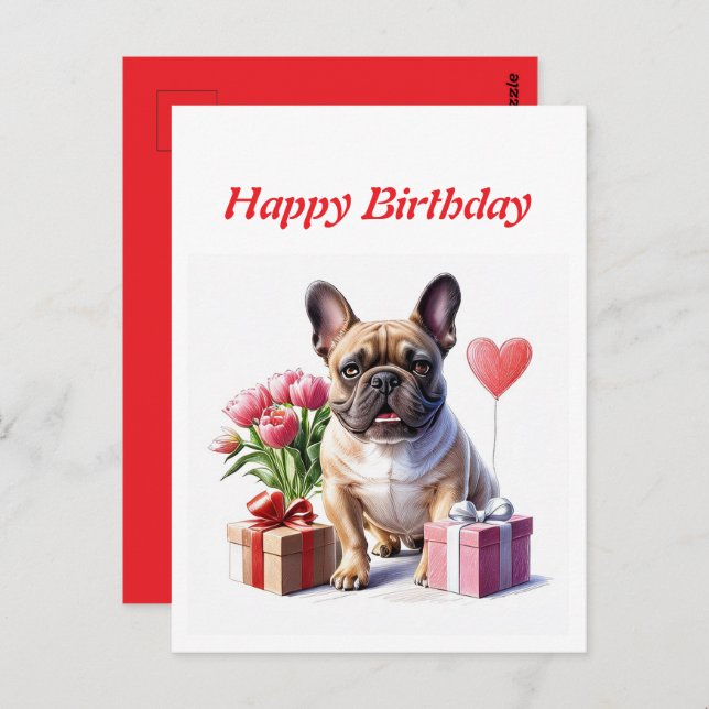 Postal Französische Bulldogge mit Blumen Birthday (Anverso / Reverso)