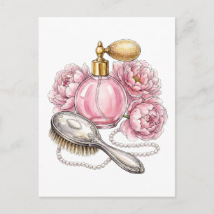 Postal Frasco de perfume rosa vintage y perlas