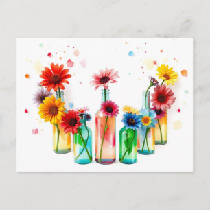Postal Frascos de flores de color de agua vibrantes en bl
