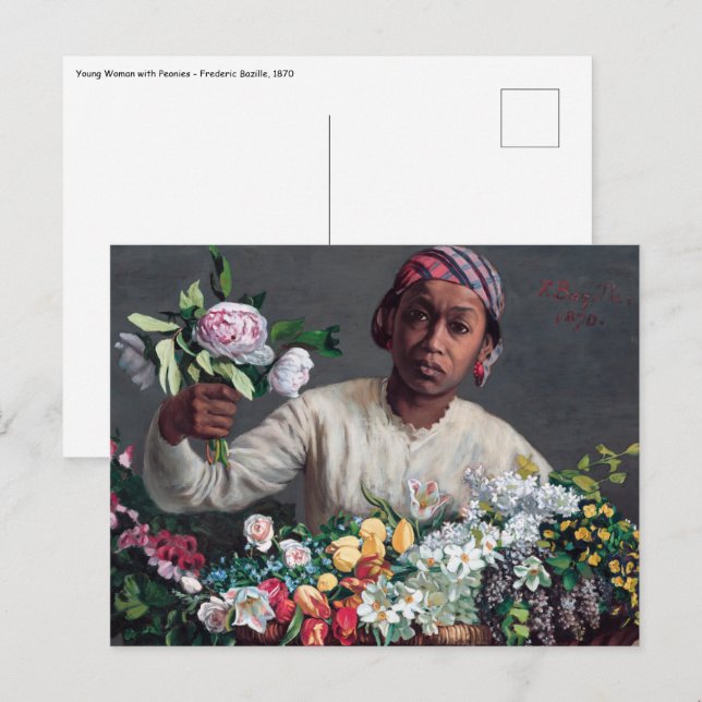 Postal Frederic Bazille - Mujer joven con peonías (Anverso / Reverso)