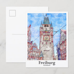Postal Freiburg Alemania Viajes Acuarela Dibujado a Mano