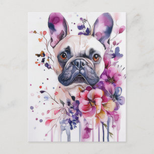 Postal French Bulldog Acuarela Floral 
